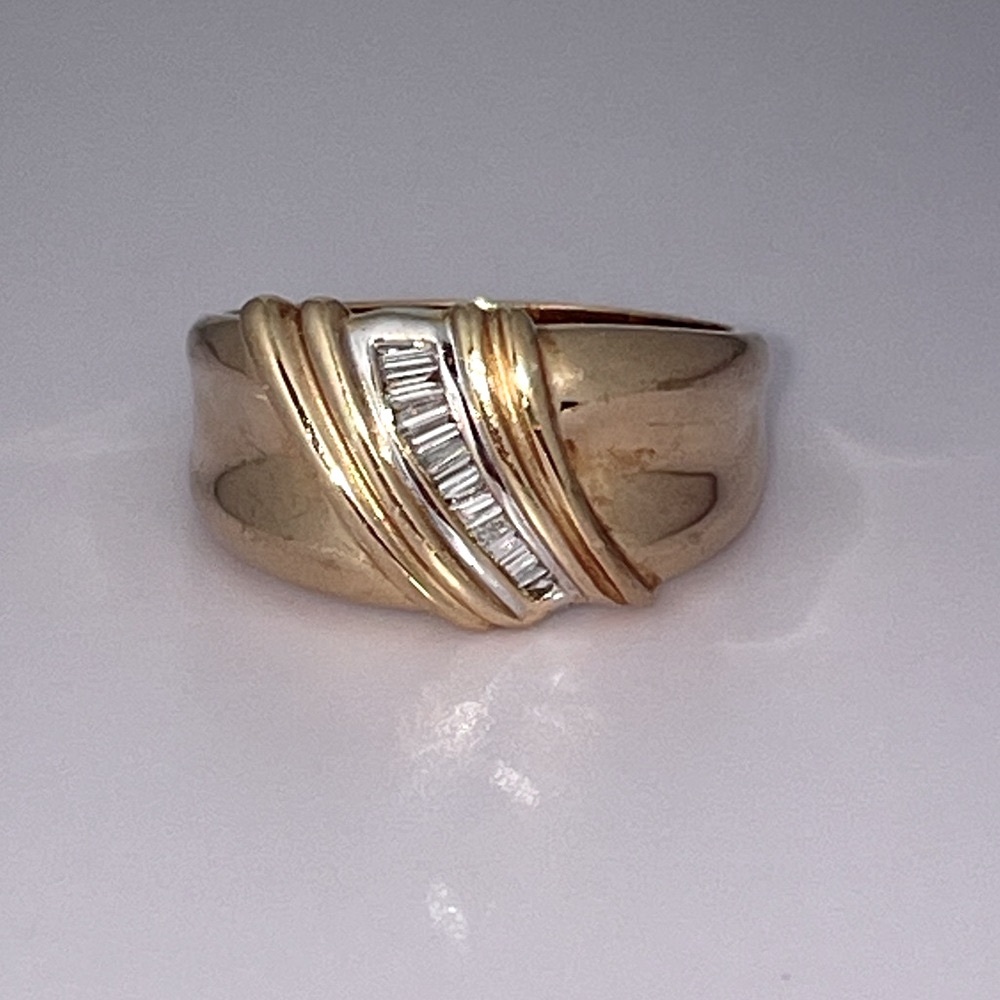 Solid 14K Yellow Gold Natural Diamond Baguette Statement Wide Band Ring Vintage